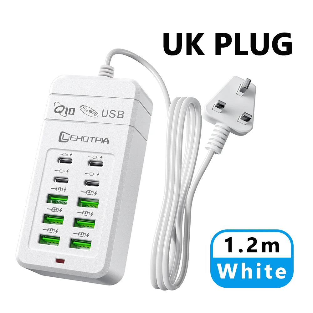 10-Port USB & Type-C Charging Station with 1.2m Extension Cord | Multi-Port Charger