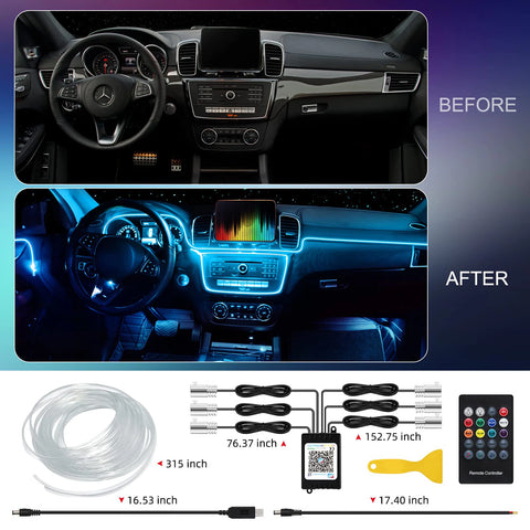 LED Car Interior Ambient Strip Lights | RGB Fiber Optic Atmosphere Neon Lighting Kit W/ APP Remote Control Auto Decorative Lamps