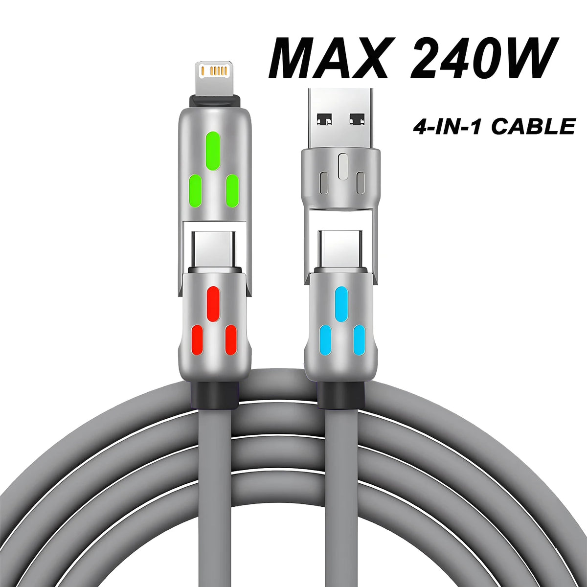 4-in-1 240W USB Type-C to USB-C PD Fast Charging Cable with LED Indicator for iPhone 16/15, iPad, Samsung, Xiaomi & Tablets