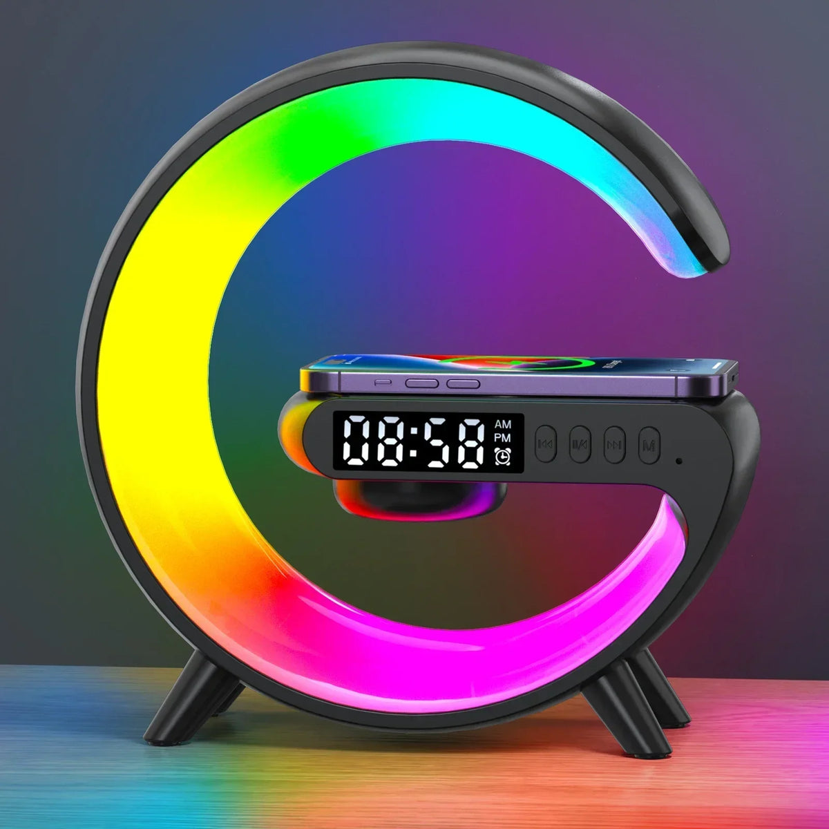 15W Multifunction Wireless Charging Station with Bluetooth Speaker, RGB Light & Alarm Clock for iPhone, Samsung & Qi Phones