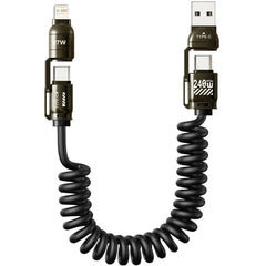240W 4-in-1 Spring Car Fast Charging USB Cable for iPhone Samsung Huawei iPad USB-C CarPlay Compatible