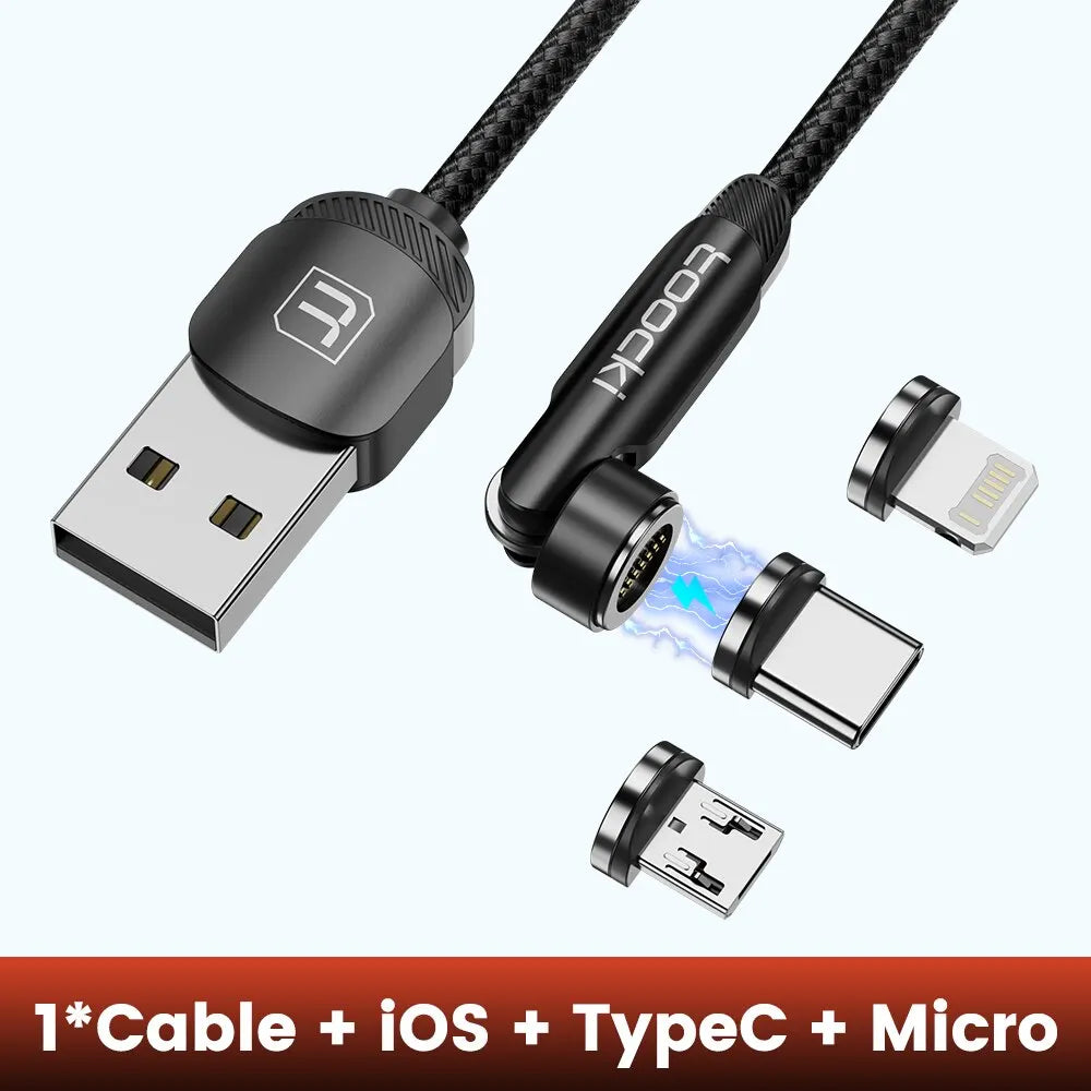 540° Rotating Magnetic USB Charging Cable 3A Fast Charge with Type-C, Lightning & Micro USB Options