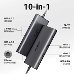 10-in-1 USB-C Docking Station with Dual HDMI 8K, 4K 60Hz, Gigabit Ethernet & 100W PD