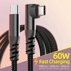 60W USB-C to USB-C PD Fast Charging Cable 1M 2M 3M Braided Data Transfer Cord