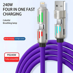 4-in-1 240W USB Type-C Fast Charging Silicone Cable 6A Multi Charging Cable USB-A to USB-C