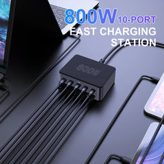 800W GaN 10-Port Fast Charging Station | 100W PD3.0 USB-C Charger for Laptops & Phones