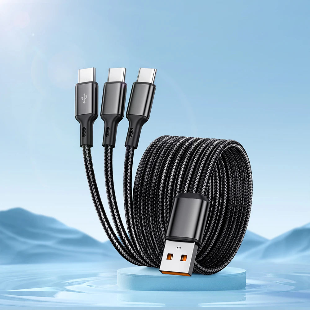 3-in-1 USB-A to Triple USB-C 100W Fast Charging Cable 5A Braided Data Transfer Cord