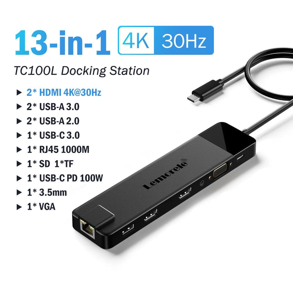 13-in-1 USB-C Docking Station 4K HDMI VGA Gigabit Ethernet PD 100W Hub