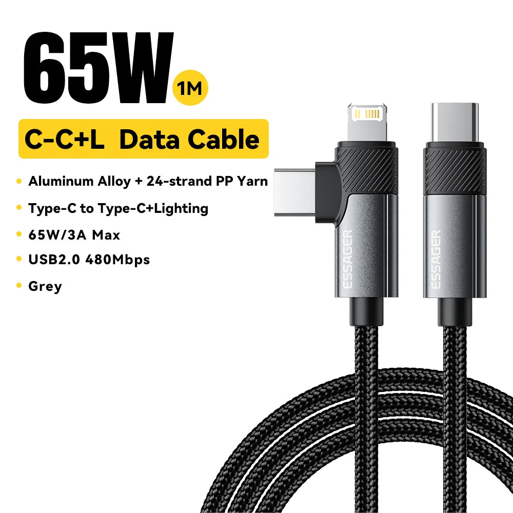 2 in 1 USB-C to USB-C & Lightning PD 65W Fast Charging Data Cable 480Mbps 1M/2M