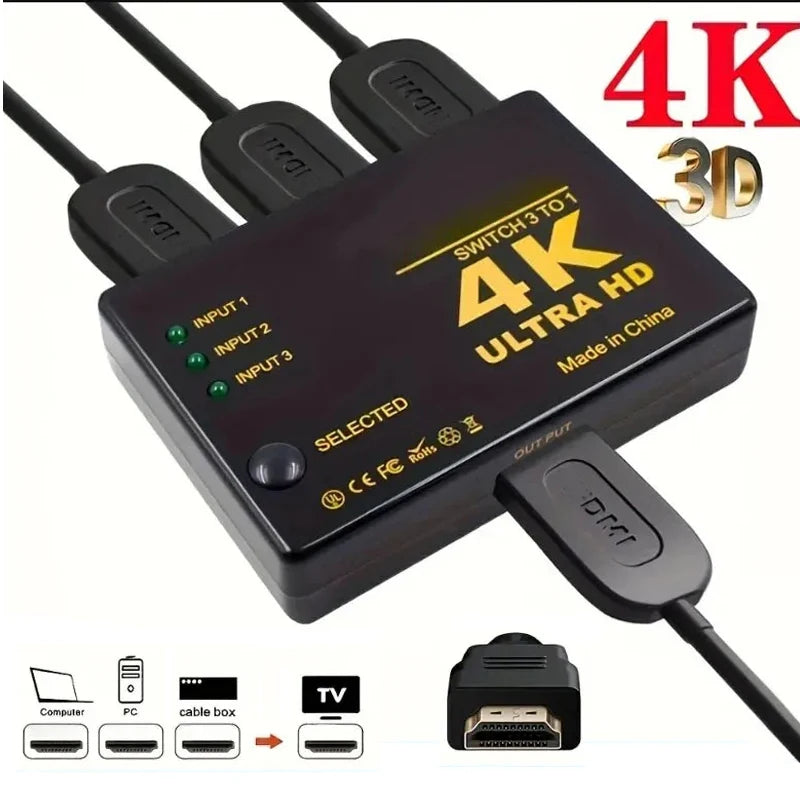 3-Port HDMI 4K Switch 3×1 with IR Remote Control, 4K@30Hz, 1080P & 3D