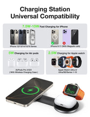 3-in-1 Magnetic Foldable Wireless Charging Station 15W Fast Charger for Phone, Smartwatch & Earbuds