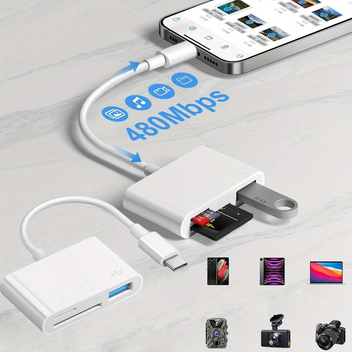 USB-A to USB-C OTG Adapter with USB Port & SD/TF Card Reader for Mobile, Tablet & Computer