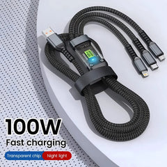 3 in 1 USB Fast Charging Cable 100W 6A USB-A to Lightning, Micro USB & Type-C Data Cable
