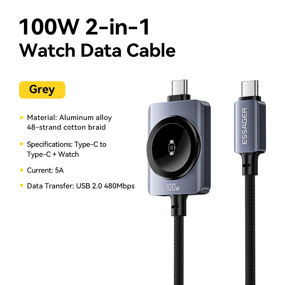100W 2-in-1 Magnetic USB-C Fast Charging Cable for iPhone & Apple Watch
