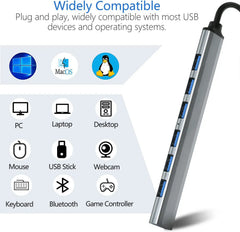 7-Port USB Hub with 1 USB 3.0 and 6 USB 2.0 Ports, Aluminum Metal USB Expansion Hub