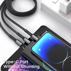 3 in 1 USB Fast Charging Cable 100W 6A USB-A to Lightning, Micro USB & Type-C Data Cable