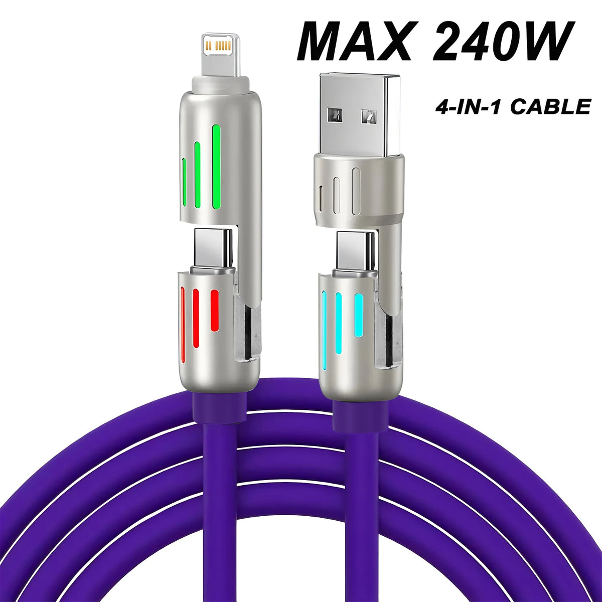 4-in-1 240W USB Type-C Fast Charging Silicone Cable 6A Multi Charging Cable USB-A to USB-C