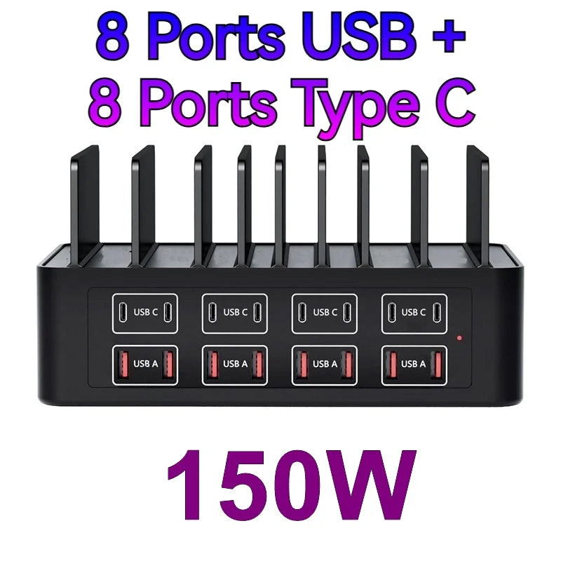 150W 16-Port USB & Type-C Charging Station | Multi Device Desktop Charger