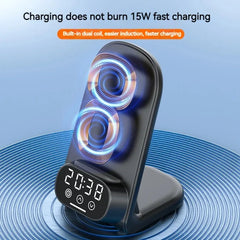 15W Wireless Charging Station with Clock Stand for iPhone, Samsung & Type-C Earbuds