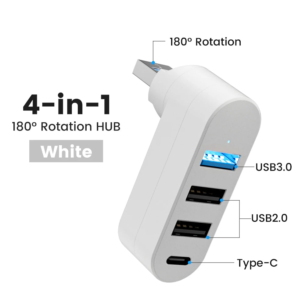 4-Port USB 3.0 Hub with Rotating USB Connector & USB-C Audio Port for Laptop and PC