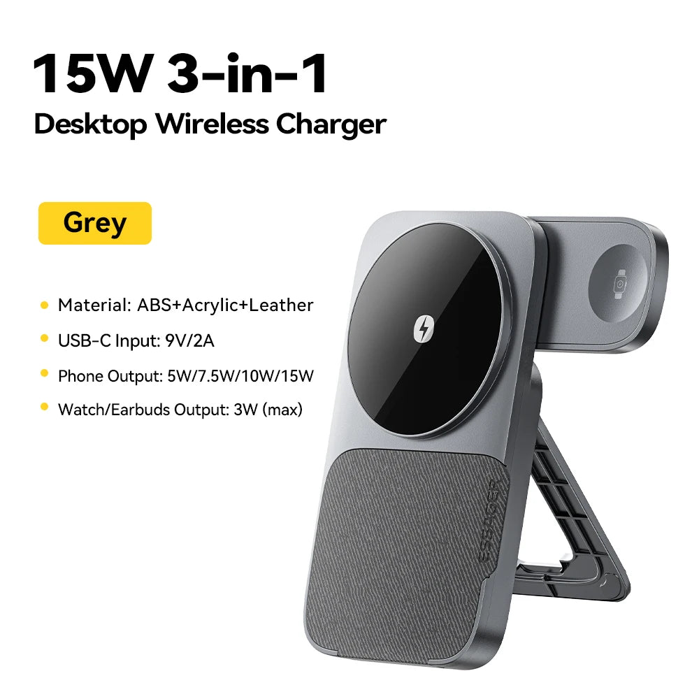 3-in-1 Foldable Magnetic Wireless Charging Stand 15W – Fast Charger for iPhone, Apple Watch & Earbuds