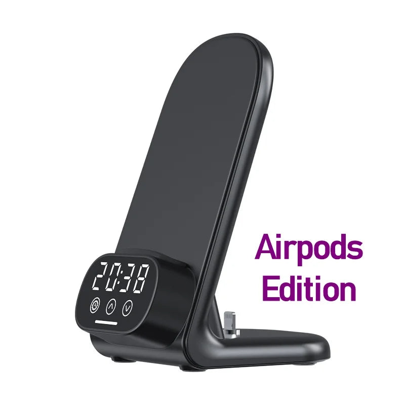 15W Wireless Charging Station with Clock Stand for iPhone, Samsung & Type-C Earbuds