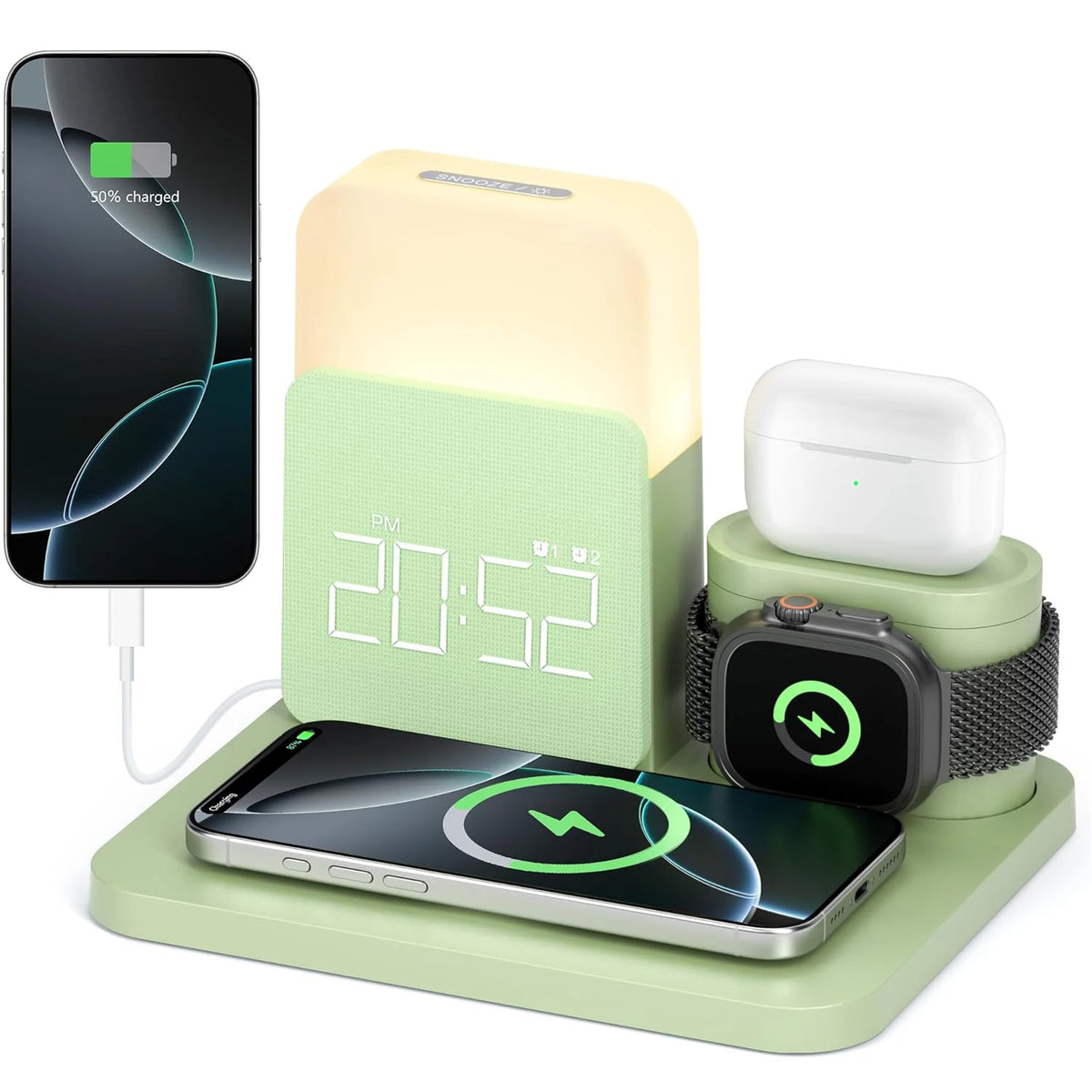 7-in-1 Magnetic Wireless Charging Station with Alarm Clock, Night Light & Fast Charging for Phones, Smartwatches & Earbuds