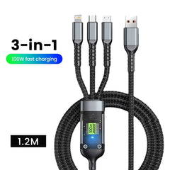 3 in 1 USB Fast Charging Cable 100W 6A USB-A to Lightning, Micro USB & Type-C Data Cable