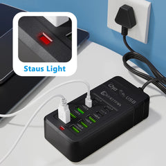 10-Port USB & Type-C Charging Station with 1.2m Extension Cord | Multi-Port Charger