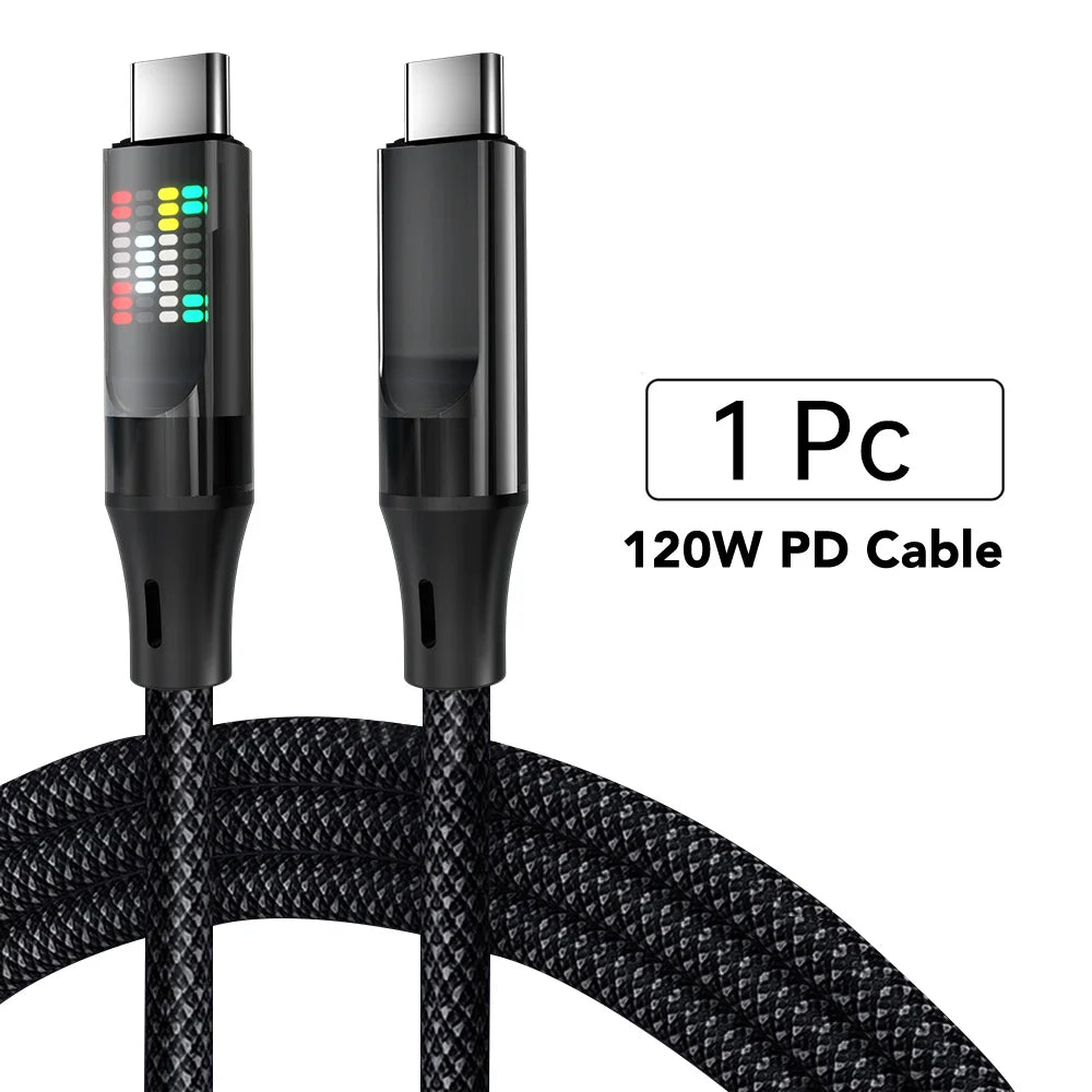 120W USB-A to USB-C Fast Charging Cable 6A Nylon Braided LED Display Data Sync Cable
