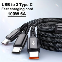 3-in-1 USB-A to Triple USB-C 100W Fast Charging Cable 5A Braided Data Transfer Cord