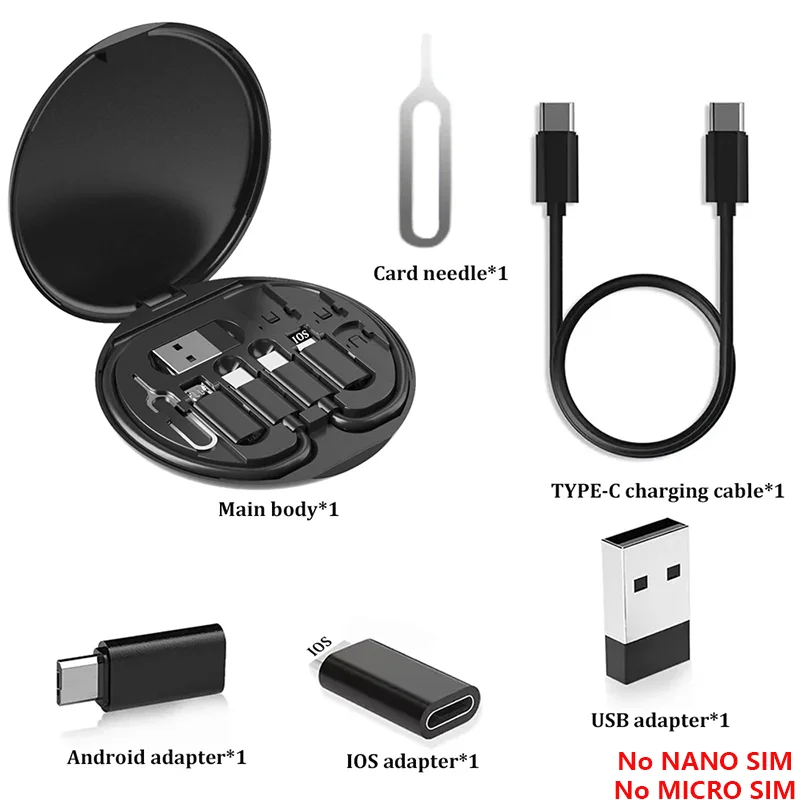 65W Multi-Function USB Adapter Kit with Type-C Fast Charging Cable, USB-A to USB-C Adapters, SIM & TF Card Storage, Phone Stand