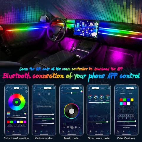 Full Color Streamer Car Ambient Lights | RGB 64 Color Universal LED Interior Hidden Acrylic Strip Symphony Atmosphere Lamp