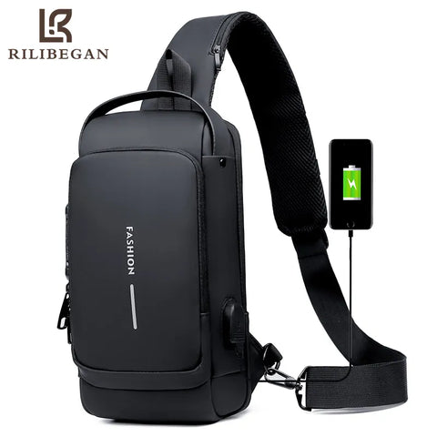 Waterproof Casual Chest Bag Men | Multifunction Anti-theft USB Charging Men Crossbody Bag Patent Leather Travel Chest Bag Pack Mal