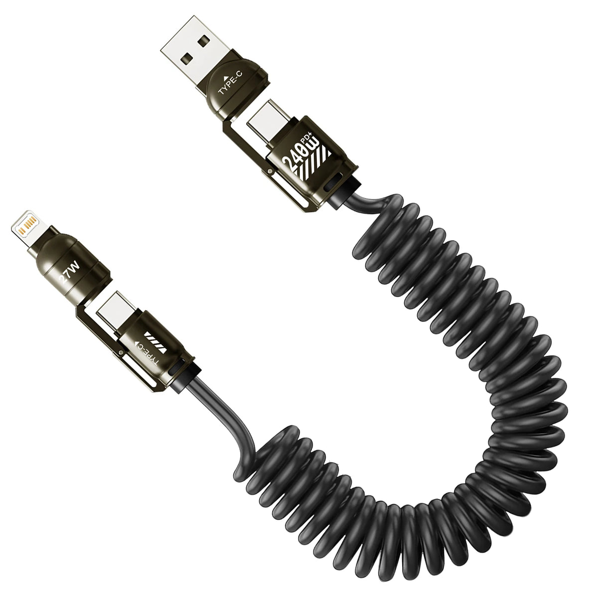 240W 4-in-1 Spring Car Fast Charging USB Cable for iPhone Samsung Huawei iPad USB-C CarPlay Compatible