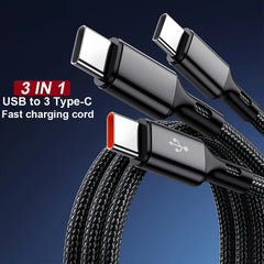 3-in-1 USB-A to Triple USB-C 100W Fast Charging Cable 5A Braided Data Transfer Cord
