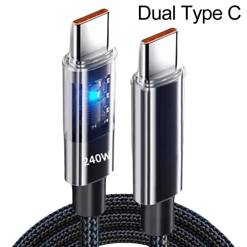 240W USB-C Fast Charging Cable with LED Digital Display Nylon Braided 5A Data Cable