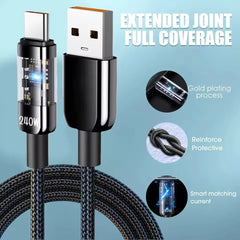 240W USB-C Fast Charging Cable with LED Digital Display Nylon Braided 5A Data Cable