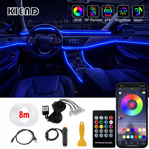 LED Car Interior Ambient Strip Lights | RGB Fiber Optic Atmosphere Neon Lighting Kit W/ APP Remote Control Auto Decorative Lamps