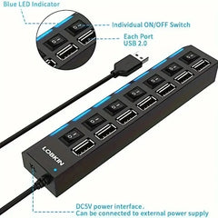 4/7 Port USB 2.0 High-Speed Hub with Individual Switches for PC, Laptop & Mac