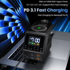 240W GaN 10-in-1 Charging Station with 4 USB-C, 2 USB-A, Dual Wireless Charging & LED Clock