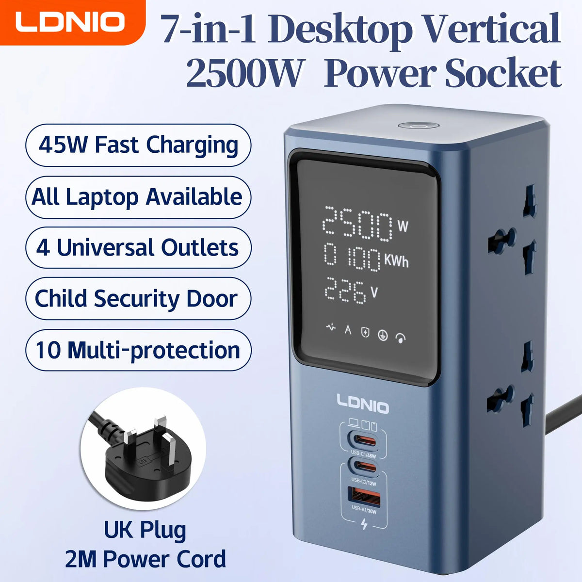 Vertical Power Strip Tower with 45W USB-C PD Fast Charging | 4 AC Outlets & 3 USB Ports