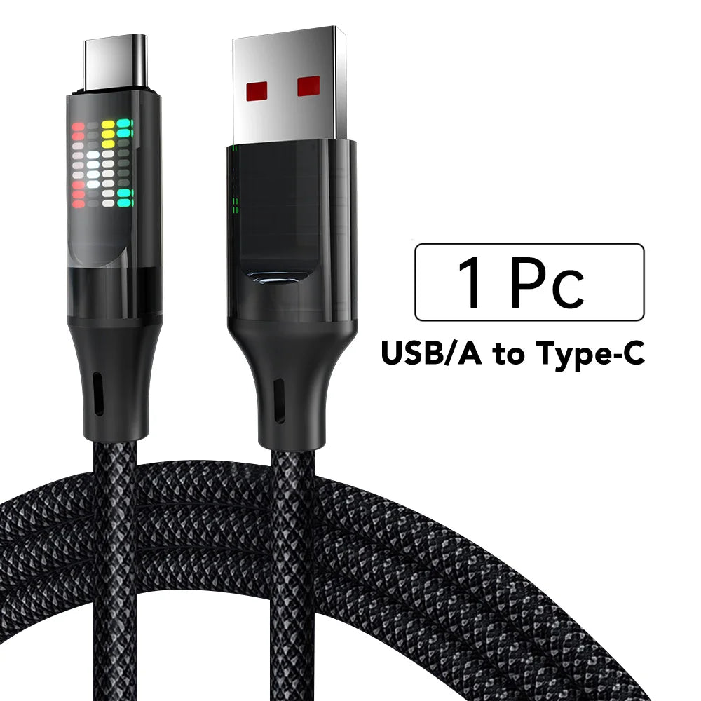 120W USB-A to USB-C Fast Charging Cable 6A LED Display Nylon Braided Data Sync Cable