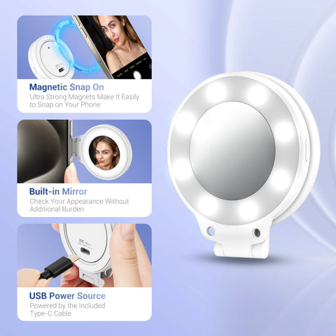 Magnetic Mini LED Ring Light | Selfie Light 180°Foldable for iphone 15 Pro/15Pro Max/14 Pro/14 Pro Max/13Pro/Pro Max for Streaming