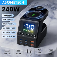 240W GaN 10-in-1 Charging Station with 4 USB-C, 2 USB-A, Dual Wireless Charging & LED Clock