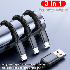 3-in-1 USB-A to Triple USB-C 100W Fast Charging Cable 5A Braided Data Transfer Cord