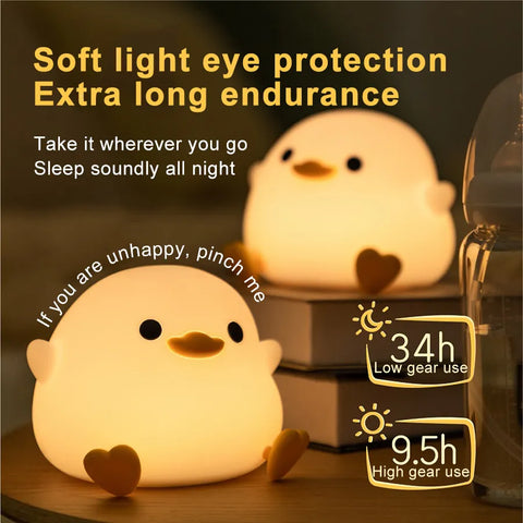 Duck Silicone Night Light for Children with Timer | USB Rechargeable Dimming Touch Lamp Sleeping Bedroom Cartoon Animal Décor Gift