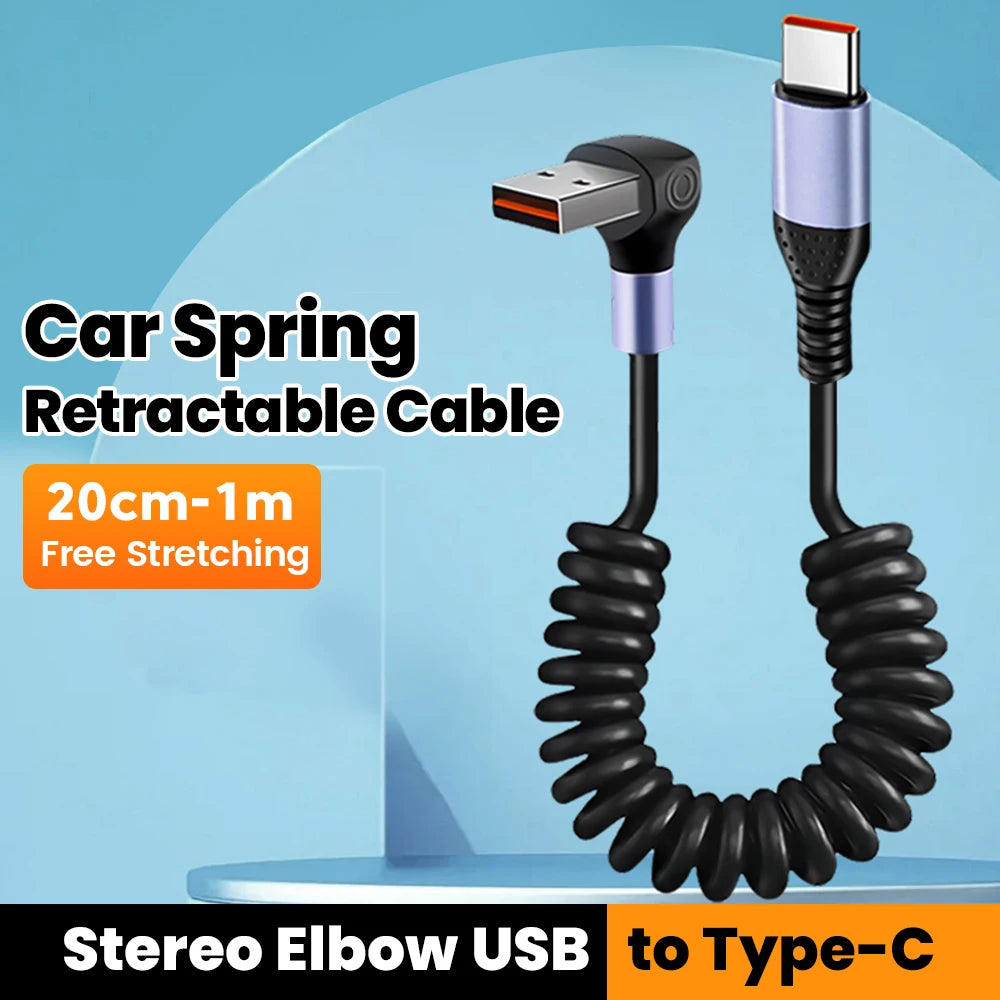 66W/100W USB-C to USB-C Retractable Spring Fast Charging Cable 6A Data Sync Cord