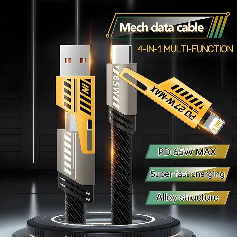 4 in 1 Fast Charging Data Cable PD 27W & 65W USB Type-C Multi-Port Charging Cable for iPhone 15, Samsung, Xiaomi, Huawei & iPad