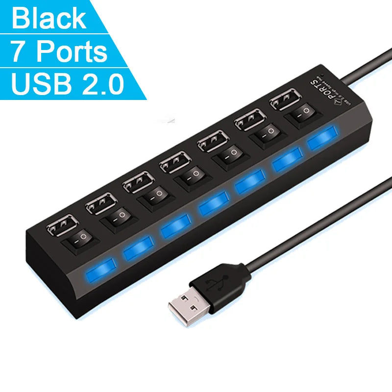 USB 2.0 High-Speed 4-Port / 7-Port Hub with Individual Switches Data Splitter